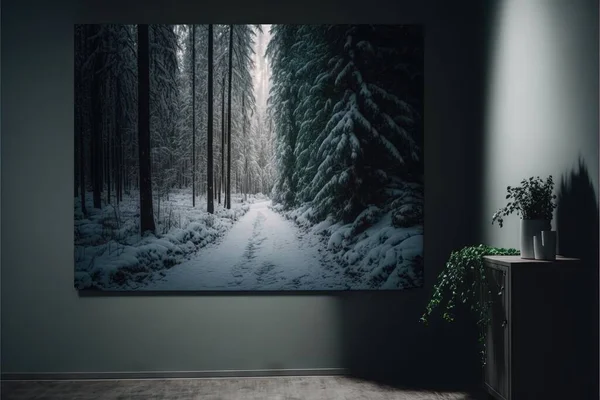 a painting of a snowy path in a dark room with a plant in the corner of the room and a cabinet in the corner of the room with a plant in the corner of the room. .
