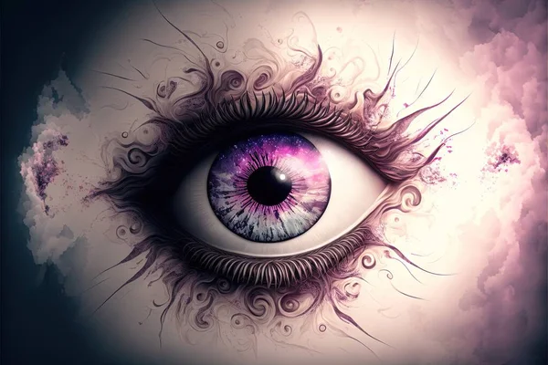 a painting of a purple eye with swirls and swirls around it\'s irise, with a black background and a white background with a pink center and white eyeball in the center. .