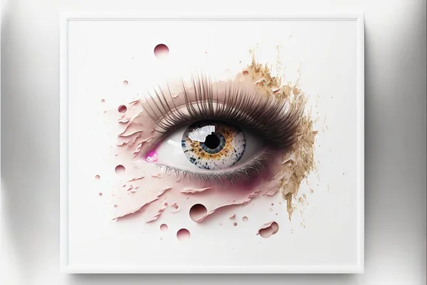 a picture of a eye with a teary eyeball in it\'s center and a teary eyeball in the middle of the eye, with a pink background, on a white background. .