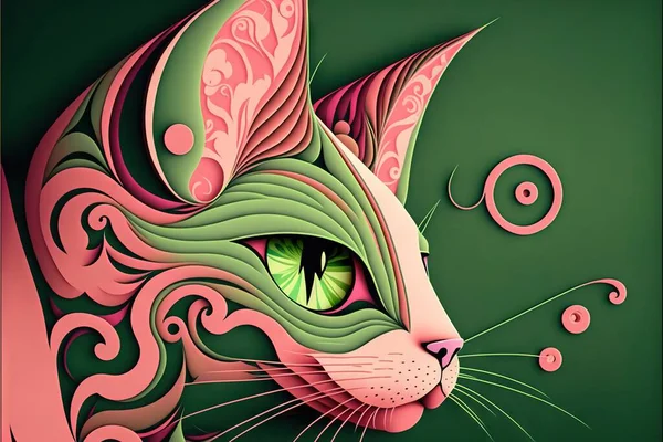 a cat with green eyes and pink swirls on its face, with a green background and pink swirls on its face, and a green background with pink swirls and green,.
