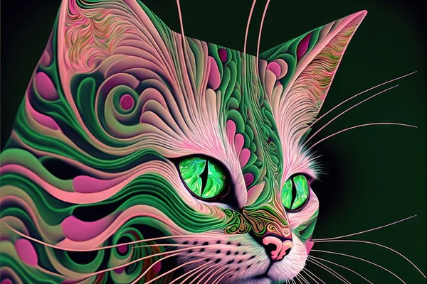 a cat with green eyes and a psychedelic look on its face, with a green background and a black background, with a green eye and a pink, green, pink, pink, and green, and. .