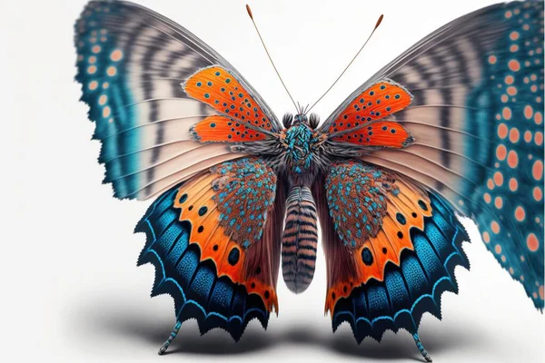 a colorful butterfly with orange and blue wings and spots on its wings, with a white background, is shown in the image above it is a close up close up view of the wings. .
