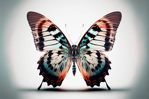 a butterfly with a blue and red wings on a white background with a shadow of the butterfly on the left side of the frame, and the image of the butterfly is facing right side. .