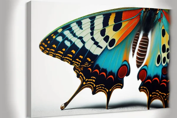 a butterfly with a blue, yellow, and red wings is shown in this picture canvas print wall art print on a wall or canvas or canvas, it is mounted on a wall or a wall.