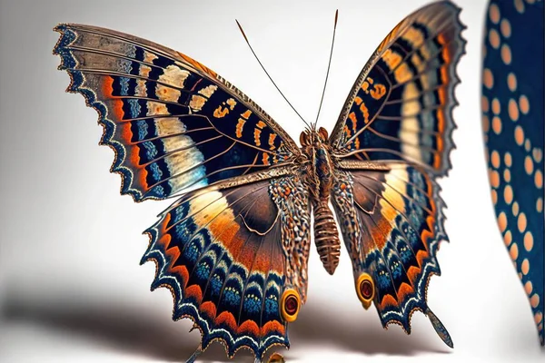 a butterfly with orange and blue wings and a white background with a white spot in the middle of the image and a blue and orange butterfly with orange spots on the wings and white background.