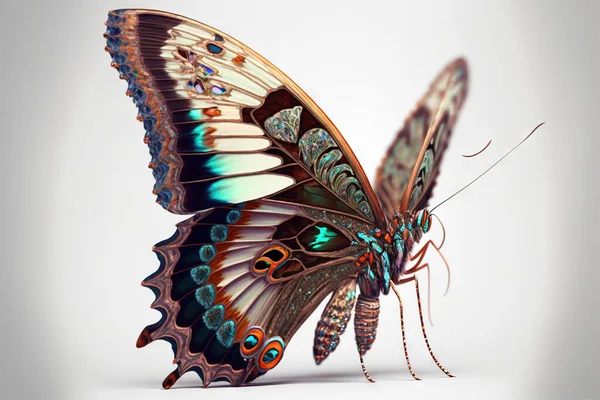 a butterfly with a blue and brown wings and a white background with a light reflection of the wing and the back of the butterfly with a blue and orange pattern on the wings, and. .