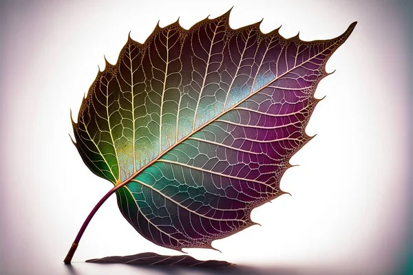 a leaf with a green and purple leaf on it\'s side, with a white background and a blue and green leaf on the other side of the leaf, with a light reflecting off. .