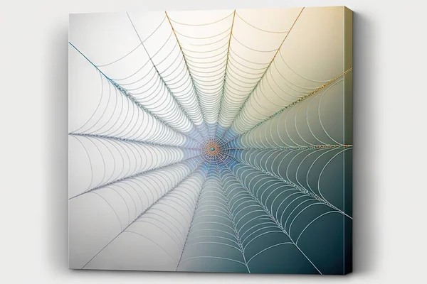 a spider web pattern on a white background canvas print wall art printable to a wall or canvas, with a blue and yellow center pointy center point of view of the web,.