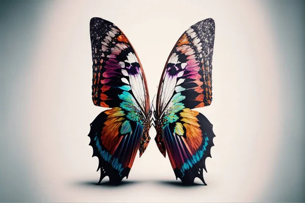 a colorful butterfly with wings spread out on a white background with a shadow of itself in the middle of the image, with a light reflection of the wings on the back of the left.