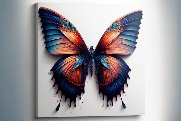 a butterfly with blue and orange wings on a white background with a blue and red background and a white wall with a white frame and a white wall with a blue and red butterfly on.