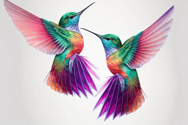 two colorful hummingbirds flying next to each other on a white background with a white background behind them and a white background with a white background with a white border and a red border with.
