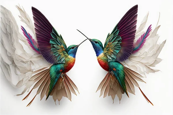 two colorful birds with wings spread out to each other, facing each other, with one bird facing the other with its beak open and wings extended to the other, with wings, and.