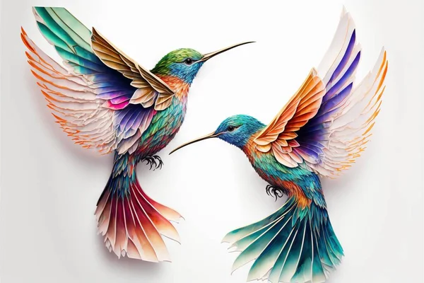 two colorful birds with wings spread out to each other, facing each other, with one bird facing the other with its beak open and wings wide open, and the other bird is facing. .