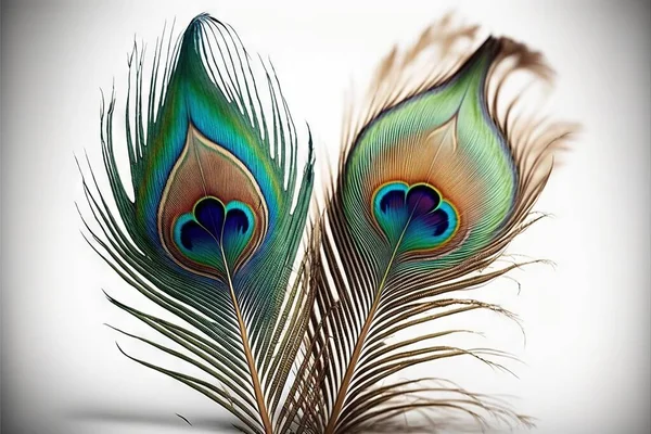 two peacock feathers with a white background and a white background with a white background and a blue and green feather with a white background and blue border with a white border and a white border. .