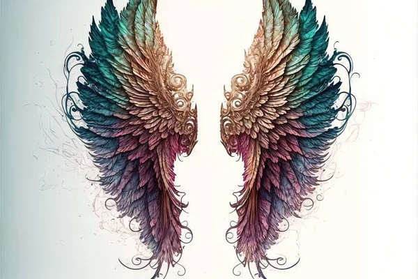 a pair of wings with intricate designs on them are shown in this image, with a white background and a blue background with a white border around the edges and a white border with a.