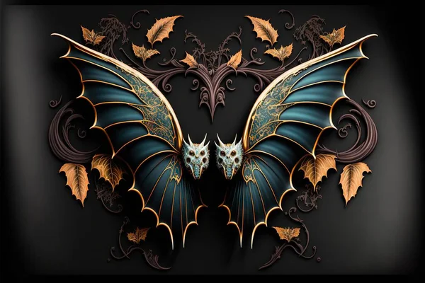 a butterfly with gold and blue wings on a black background with leaves and vines on it\'s wings, with a decorative design of leaves and leaves on the wings of the wings of the.
