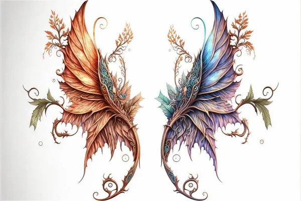 two colorful wings with vines and leaves on them are shown in this drawing of a pair of wings with vines and leaves on them are shown in the upper left side of the image,.