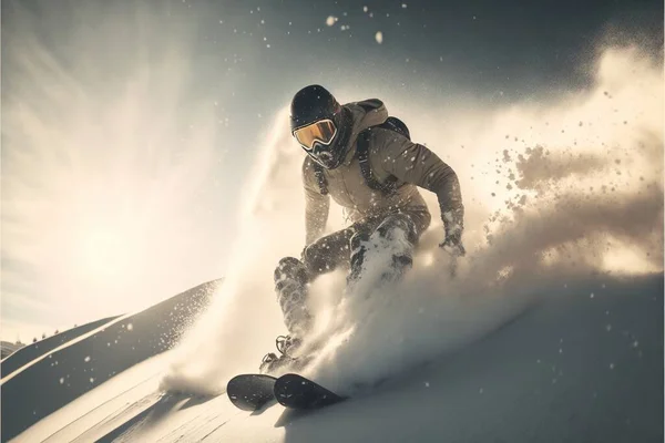 a man riding a snowboard down a snow covered slope in the snow with a helmet on and goggles on, in the snow covered ground, with a sun and clouds, and. .