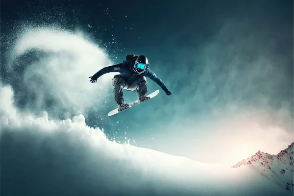 a man in a black snow suit is snowboarding in the air above a mountain range with clouds and snow around him is a full moon behind him is visible in the sky and behind him. .