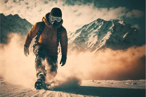 a man in a snow suit is snowboarding down a hill with mountains in the background and clouds in the sky above him, with a sunlit lens on the ground, and a. .