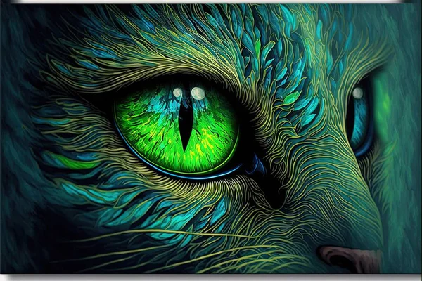 a cat\'s green eyes are painted with acrylic paint on paper and are glowing green and blue, with a black background of feathers and white and blue and green, and white. .