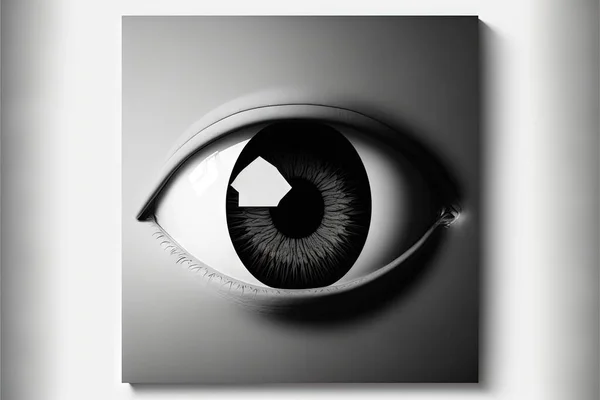 a black and white photo of a eye with a shadow on the wall behind it, with a white background and a white rectangle with a black eye in the middle of the eye.
