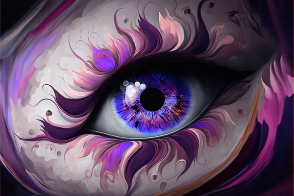 a close up of a blue eye with a purple swirl around it\'s irise and a black circle in the center of the iris of the eye, with a white background of a pink and purple swirl. .
