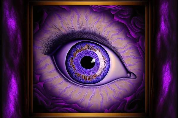 a purple eye with a gold frame around it and a purple background around it, with a gold border around the eye and a purple background around the eye with a gold border and a. .