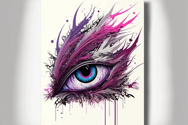 a painting of an eye with purple and white feathers on it's side and a splash of paint on the side of the eye and the eye, with a white background of a white background. .