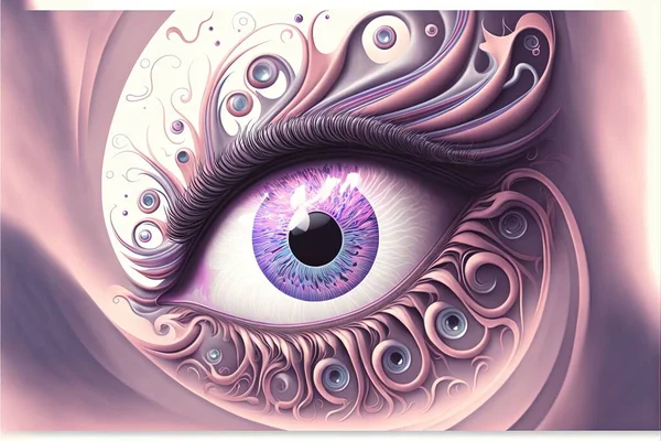 a close up of a purple eye with a white background and a white frame around it that says, eye of the beholder, with a black circle in the center of the eye. .