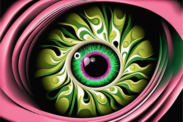 a green and pink eyeball with a black background and a pink ring around it\'s center and a black eyeball with a green and white center surrounded by a pink ring around it.