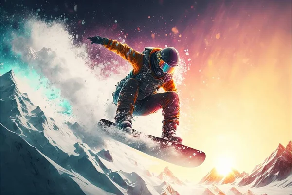 a snowboarder is in the air above a mountain range at sunset or sunrise time, with a bright light shining on the snow and the mountain behind him is a bright orange and. .