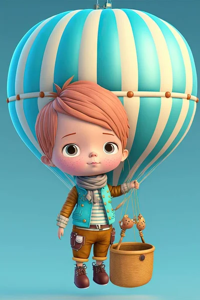a cartoon character holding a basket and a giraffe on a string attached to a balloon with a string attached to it, with a blue background with a blue sky and white stripe.