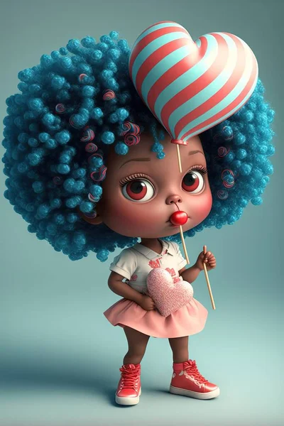 a cartoon girl with a heart shaped lollipop holding a lollipop and a heart shaped lollipop on a stick with a blue background with bubbles and a pink and white. .