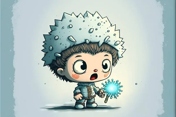 a cartoon character with a snowflake on his head and a sparkler in his hand, with a blue background and a blue background with a white border and gray border with a blue border.