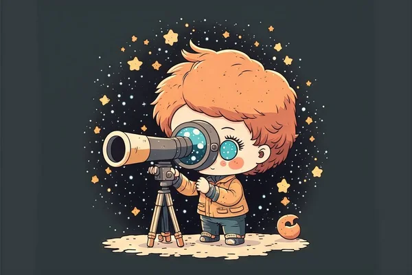 a boy looking through a telescope at the stars with a telescope in his hand and a star in the background with a little boy looking through the telescope at the stars with a star on.