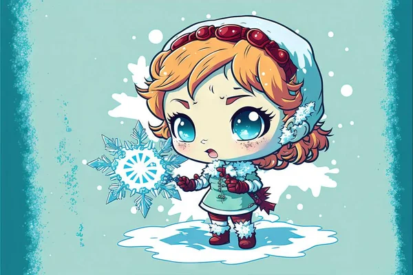 a cartoon girl with a snow hat and a scarf on her head and a snowflake in her hand, standing in the snow with a blue background of snowfloor and snow.