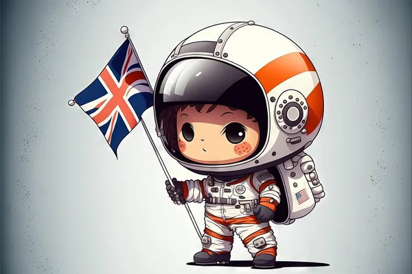 a cartoon character holding a flag and a helmet on his head and a space suit on his body, standing in front of a gray background with a white space shuttle ship and a flag. .