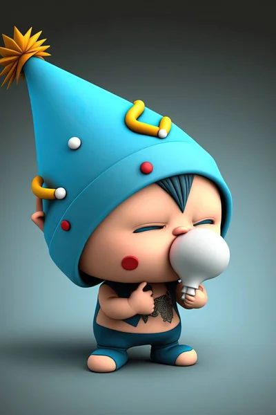a cartoon character with a blue hat and a blow dryer in his hand and a blue hat on his head and a yellow star on his head, and a gray background, a. .