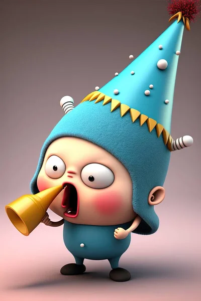 a cartoon character with a party hat and a horn in his mouth, with a bell in his mouth, and a bell in his mouth, with a bell in his hand, on a gray background. .