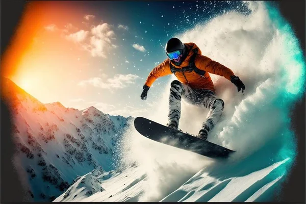 a snowboarder is in mid air on a mountain slope with a bright sun in the background and a blue sky with clouds and a few white clouds, with a blue and yellow. .