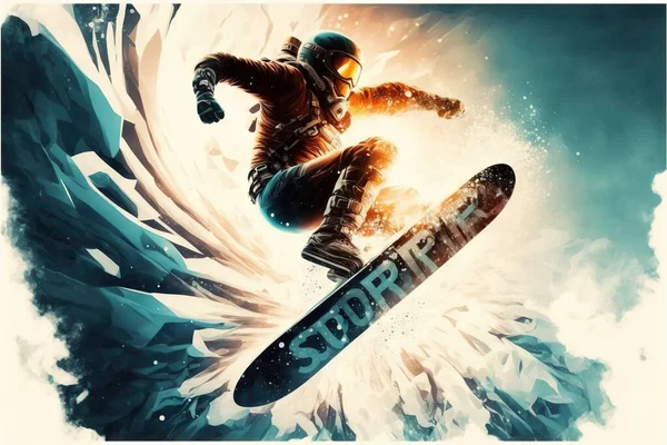 a snowboarder is in mid air on a snowboard in the air with a huge white background and a blue sky behind him is a white background with a blue and white border.