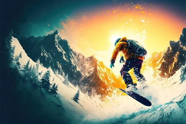 a man riding a snowboard down a snow covered slope in the mountains at sunset or sunrise time, with a bright yellow sun behind him and a mountain range of snow covered with snow. .