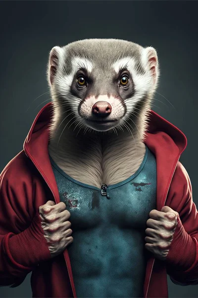 a man wearing a red jacket and a ferret mask with his shirt open and his shirt pulled up to reveal a shirtless torso and chest area with a blue shirt underneath his shirt. .