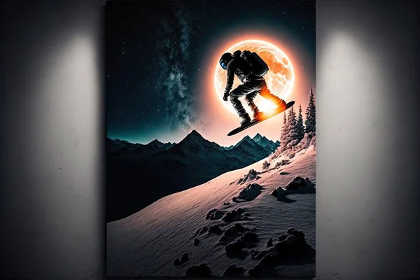 a man on a snowboard in the air above a mountain at night with a full moon in the background and a full moon in the sky above him, with a full moon,.