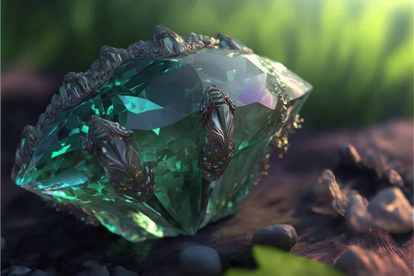 a green diamond sitting on top of a wooden table next to rocks and leaves on the ground with a green background and a green light shining on the top of the diamond, with a. .