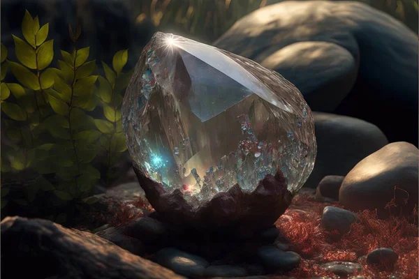 a crystal ball sitting on top of a rock next to a forest filled with trees and rocks and plants, with a blue light shining through the crystal ball in the center of the center. .