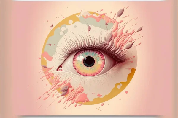 a painting of an eye with a tear coming out of it\'s irise and a pink background with a yellow circle around it and a pink circle with a drop of paint splats.