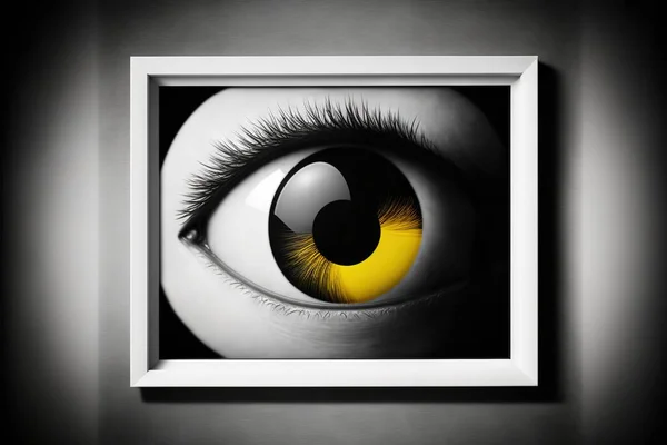 a picture of a yellow eye with long eyelashes in a white frame on a wall with a black background and a white wall hanging above it with a black border and white border with a. .