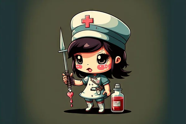 a cartoon nurse holding a knife and a bottle of blood with a syringe in it\'s hand and a bottle of medicine on the other side of the wall behind her head.